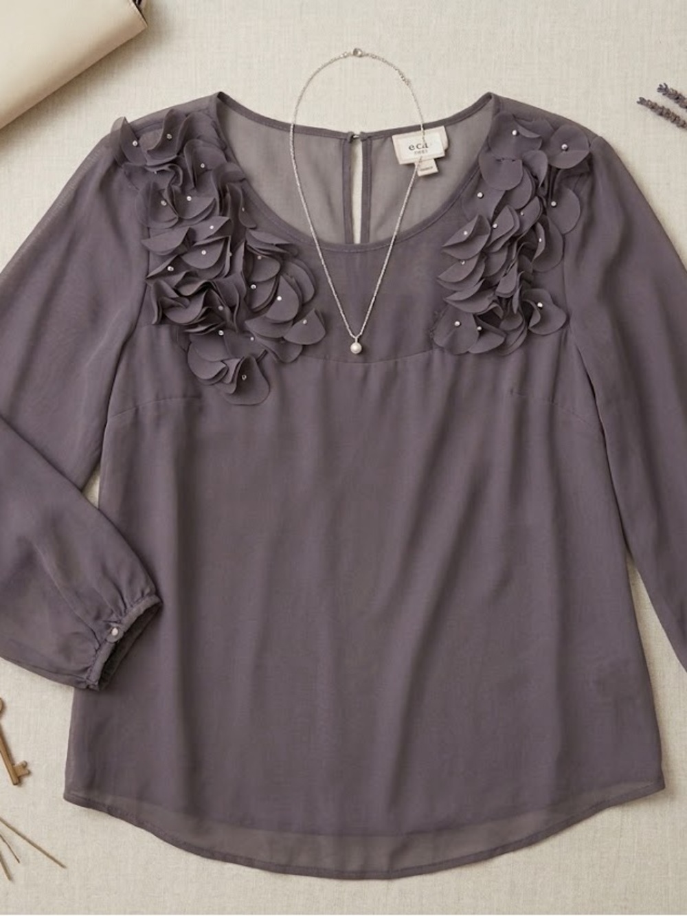 Vici Gray Floral Appliqué Sheer Sleeve Blouse